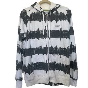 Zoo York Men Medium White Black Hoodie Y2K 2000s Cityscape Full Zip Jacket